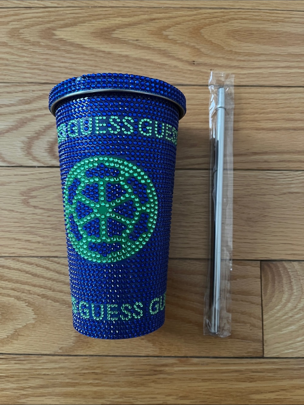 GUESS Blue and Green Rhinestone Logo Tumbler Cup